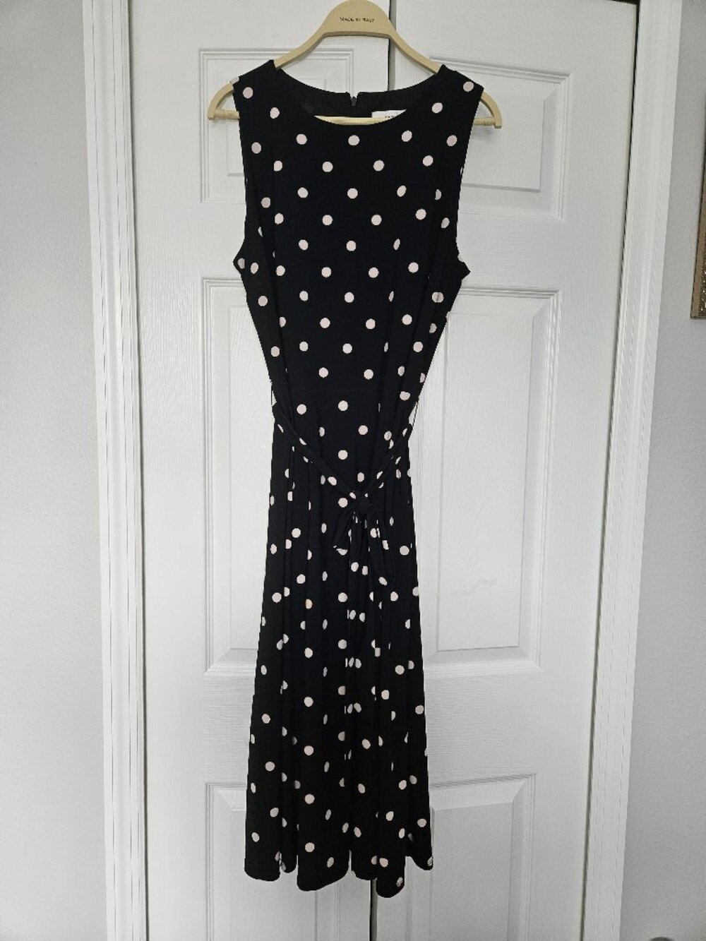 Sleeveless Monochrome Polka Dot Dress with Zippered Back and Waist Tie
